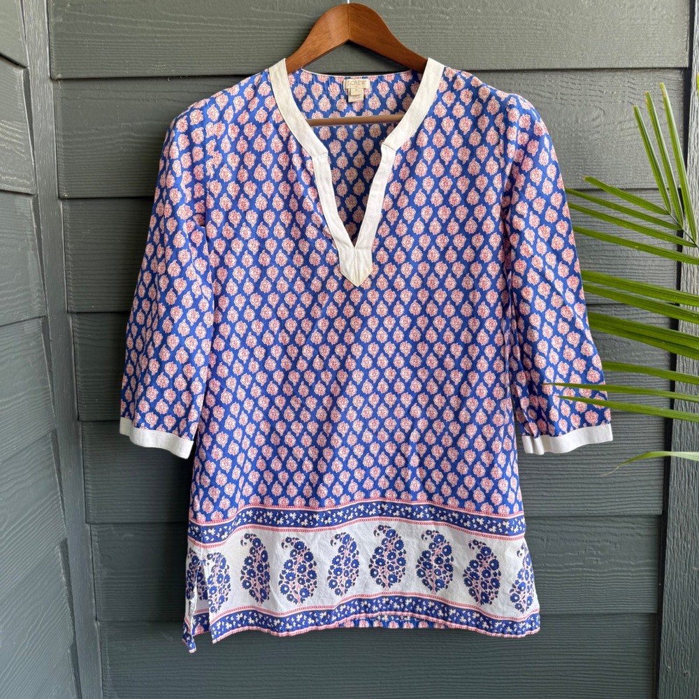 J.Crew Cotton Printed Tunic Top Blue Pink Paisley Boho 3/4 Sleeve Medium - Picture 3 of 9